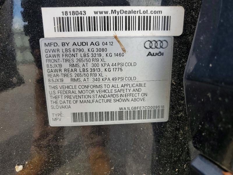 58075556 :رقم المزاد ، WA1LGBFE7CD009518 vin ، 2012 Audi Q7 مزاد بيع