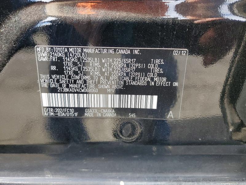 Продаж на аукціоні авто 2012 Toyota Rav4, vin: 2T3BK4DV4CW068060, номер лоту: 58066966