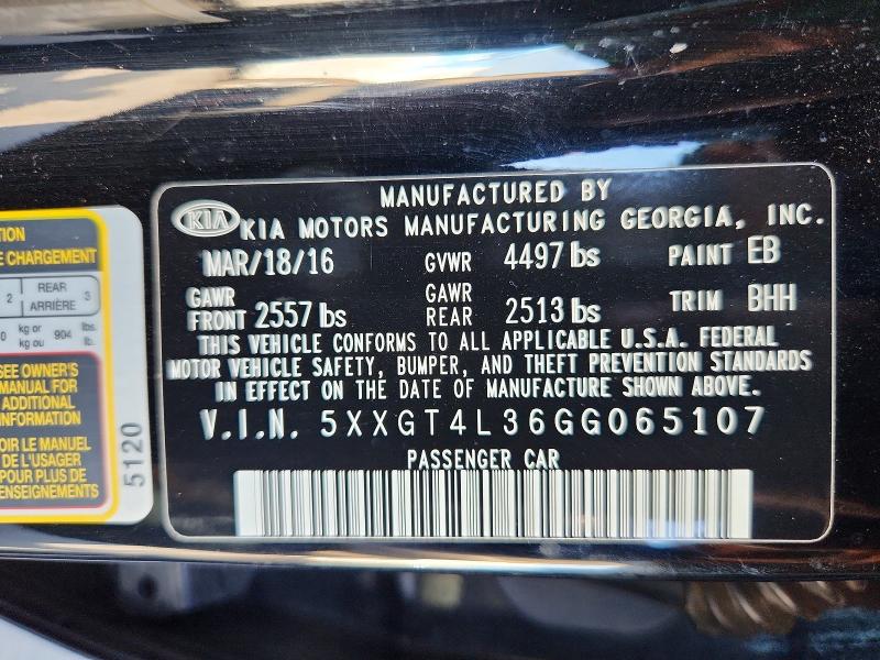 2016 Kia Optima მანქანა იყიდება აუქციონზე, vin: 5XXGT4L36GG065107, აუქციონის ნომერი: 57969716