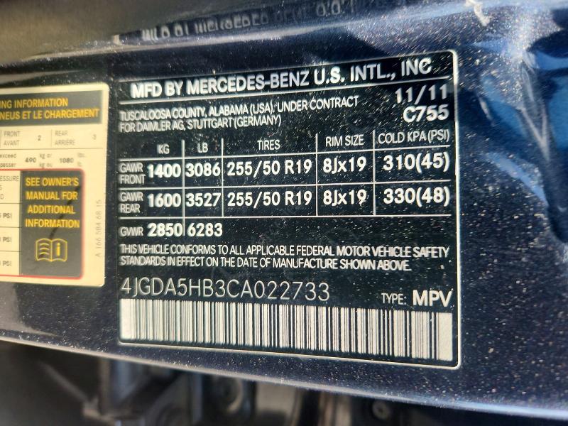 Продаж на аукціоні авто 2012 Mercedes-benz Ml, vin: 4JGDA5HB3CA022733, номер лоту: 58004696