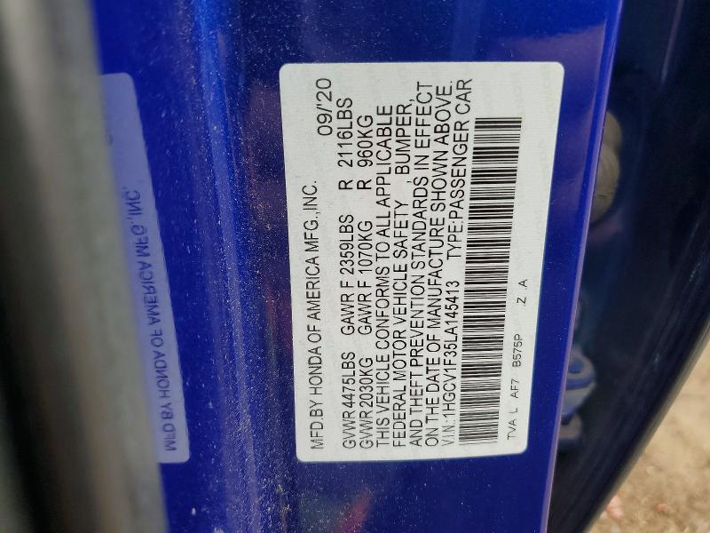 2020 Honda Accord მანქანა იყიდება აუქციონზე, vin: 1HGCV1F35LA145413, აუქციონის ნომერი: 56347596