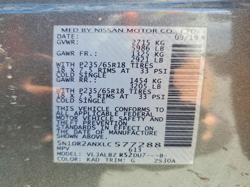 2020 Nissan Pathfinder მანქანა იყიდება აუქციონზე, vin: 5N1DR2ANXLC577288, აუქციონის ნომერი: 56774366