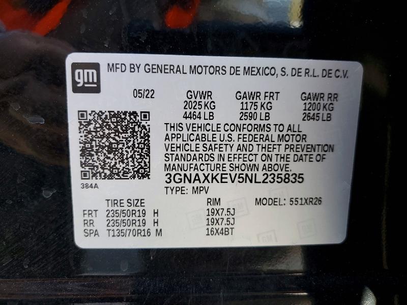 Auction sale of the 2022 Chevrolet Equinox, vin: 3GNAXKEV5NL235835, lot number: 57424926