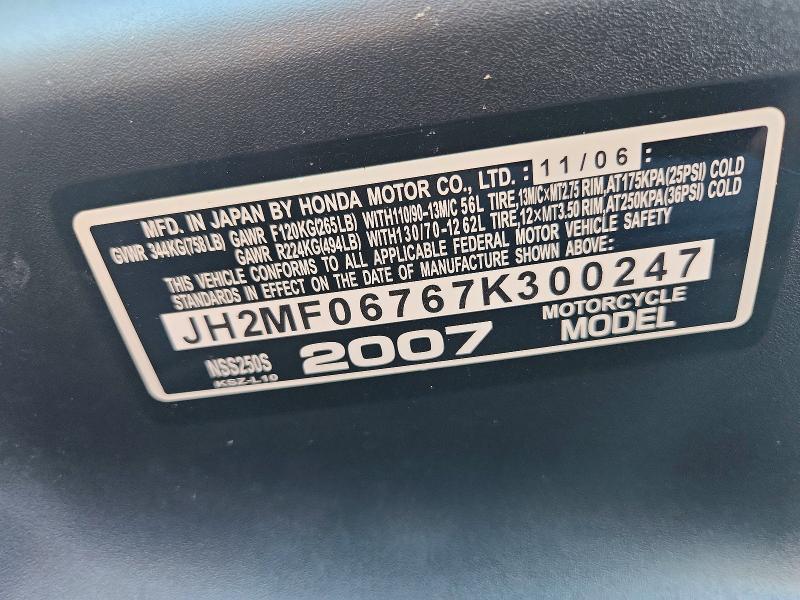 Продаж на аукціоні авто 2007 Honda Nss250, vin: JH2MF06767K300247, номер лоту: 57374606