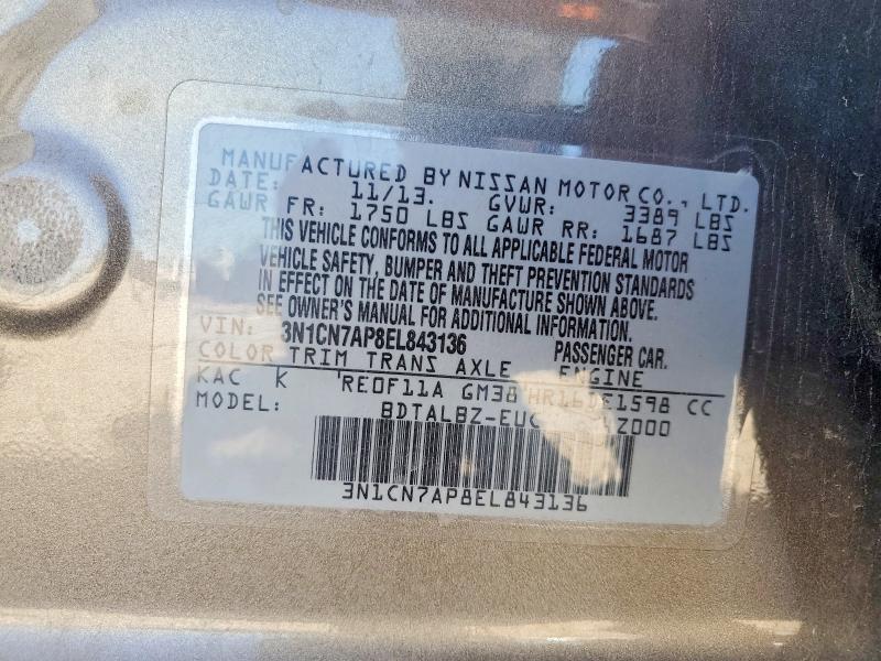 Продажа на аукционе авто 2014 Nissan Versa, vin: 3N1CN7AP8EL843136, номер лота: 57377496