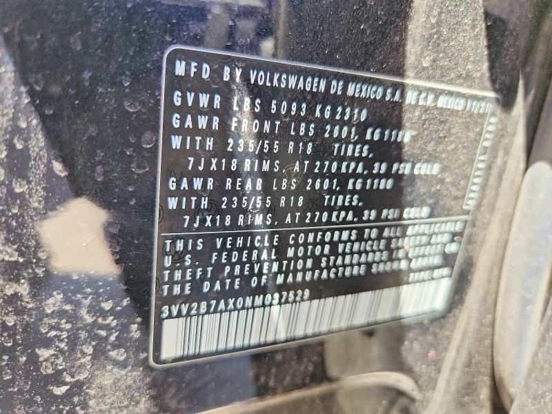 2022 Volkswagen Tiguan მანქანა იყიდება აუქციონზე, vin: 3VV2B7AX0NM037529, აუქციონის ნომერი: 56627276