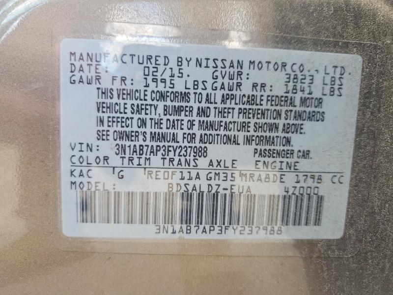 2015 Nissan Sentra მანქანა იყიდება აუქციონზე, vin: 3N1AB7AP3FY237988, აუქციონის ნომერი: 55698296