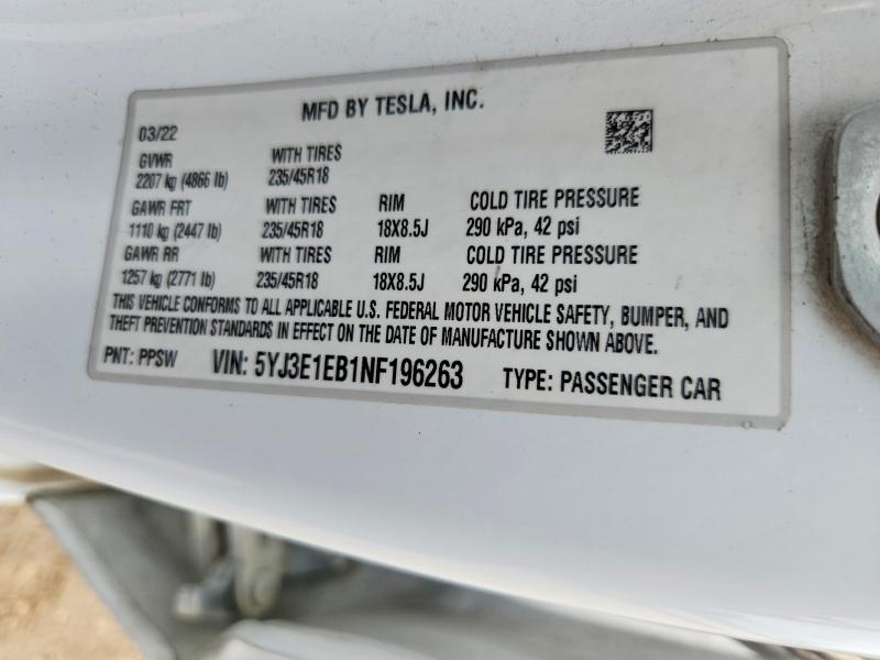 Продаж на аукціоні авто 2022 Tesla Model 3, vin: 5YJ3E1EB1NF196263, номер лоту: 57417206