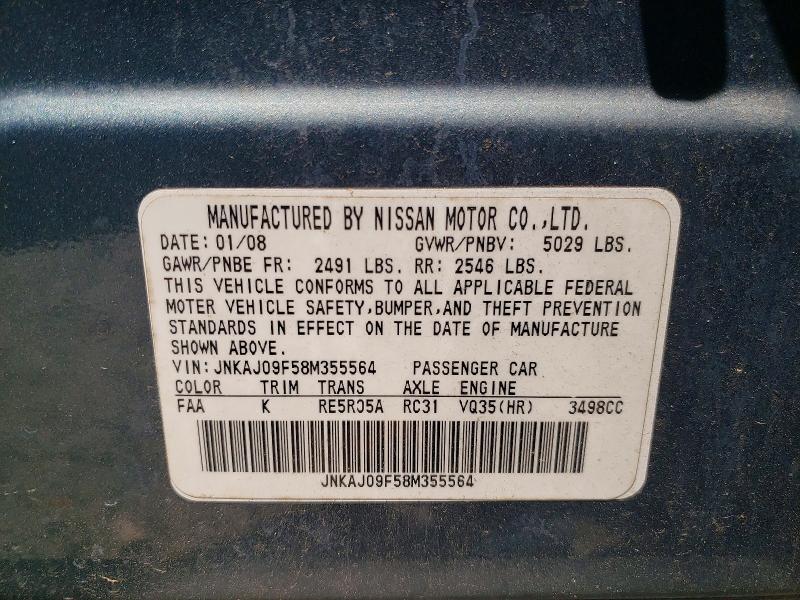 55873156 :رقم المزاد ، JNKAJ09F58M355564 vin ، 2008 Infiniti Ex35 مزاد بيع