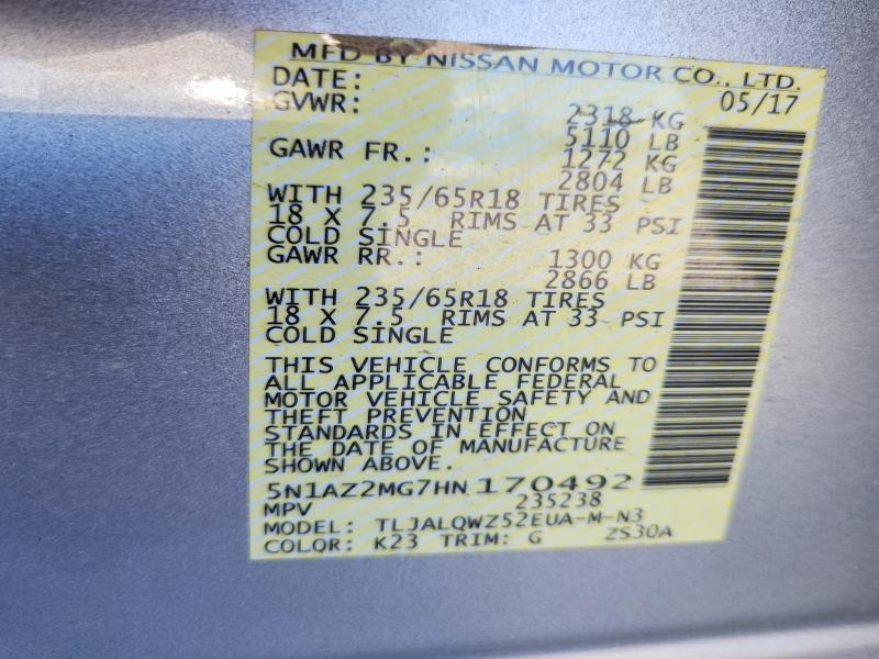 2017 Nissan Murano მანქანა იყიდება აუქციონზე, vin: 5N1AZ2MG7HN170492, აუქციონის ნომერი: 58768176