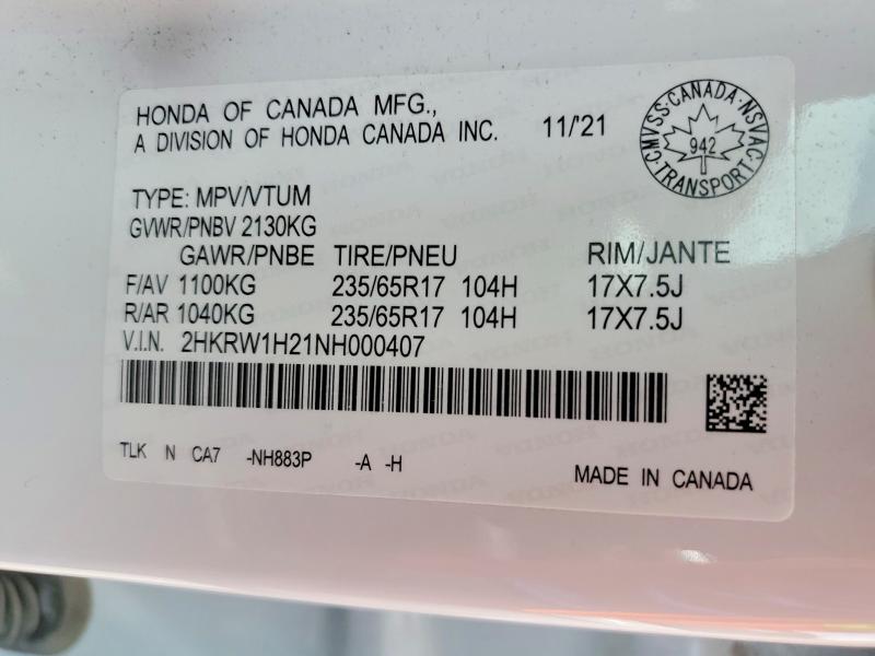 Aukcja sprzedaży 2022 Honda Cr-v, vin: 2HKRW1H21NH000407, numer aukcji: 57509736