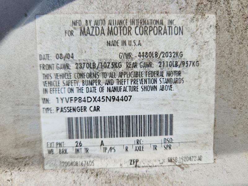 2004 Mazda 6 მანქანა იყიდება აუქციონზე, vin: 1YVFP84DX45N94407, აუქციონის ნომერი: 57547246