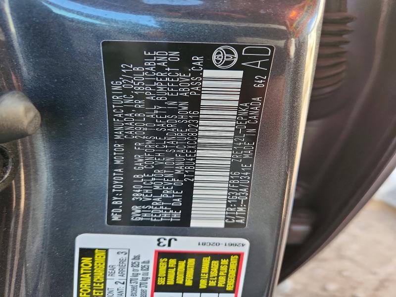 57541106 :رقم المزاد ، 2T1BU4EEXCC802316 vin ، 2012 Toyota Corolla مزاد بيع