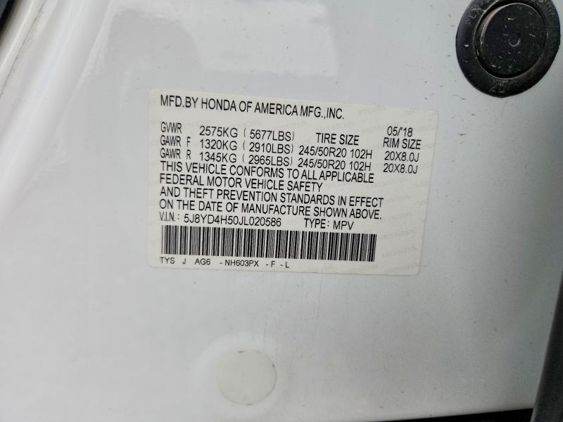 57425586 :رقم المزاد ، 5J8YD4H50JL020586 vin ، 2018 Acura Mdx مزاد بيع
