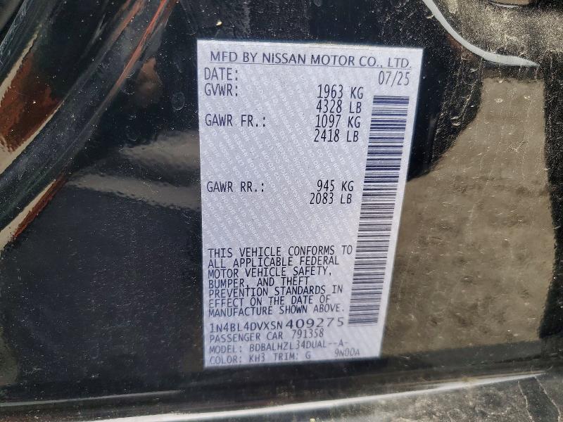 2025 Nissan Altima მანქანა იყიდება აუქციონზე, vin: 1N4BL4DVXSN409275, აუქციონის ნომერი: 57954996