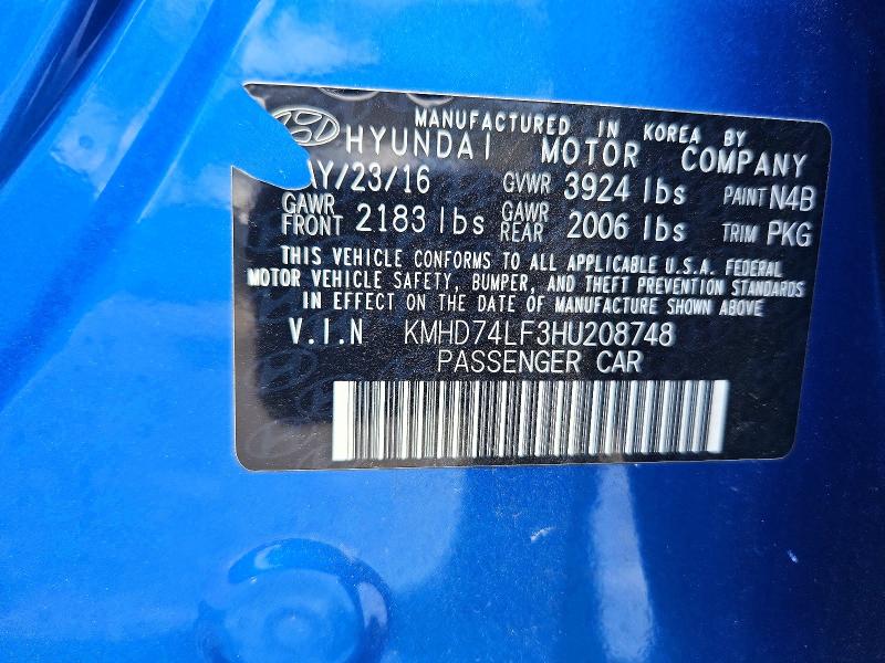 2017 Hyundai Elantra მანქანა იყიდება აუქციონზე, vin: KMHD74LF3HU208748, აუქციონის ნომერი: 56826206