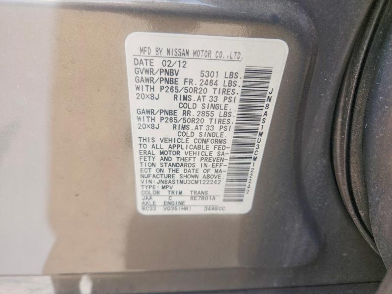57779206 :رقم المزاد ، JN8AS1MU3CM122242 vin ، 2012 Infiniti Fx35 مزاد بيع