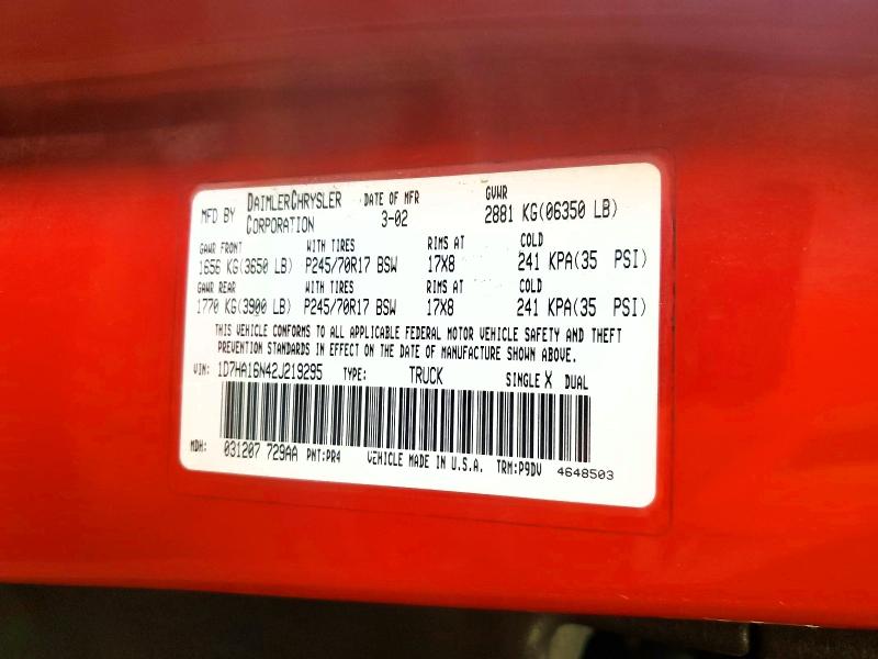 2002 Dodge Ram 1500 მანქანა იყიდება აუქციონზე, vin: 1D7HA16N42J219295, აუქციონის ნომერი: 59167506