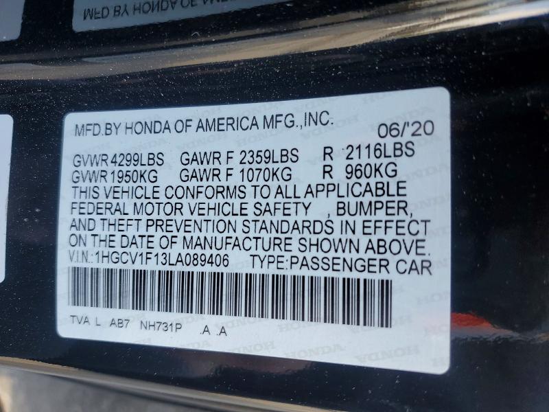 2020 Honda Accord მანქანა იყიდება აუქციონზე, vin: 1HGCV1F13LA089406, აუქციონის ნომერი: 58760016
