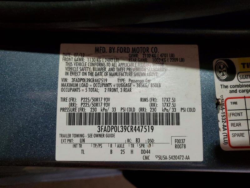 57013706 :رقم المزاد ، 3FADP0L39CR447519 vin ، 2012 Ford Fusion مزاد بيع