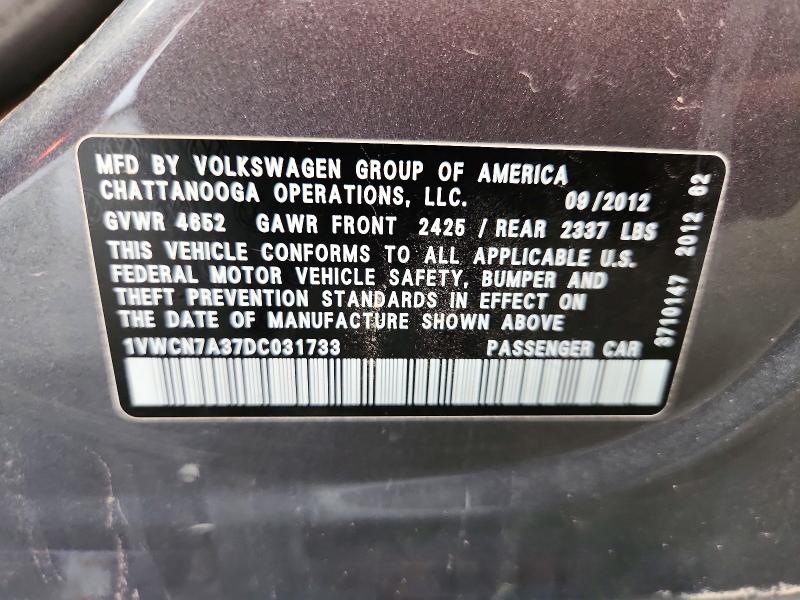 Aukcja sprzedaży 2013 Volkswagen Passat, vin: 1VWCN7A37DC031733, numer aukcji: 58533016