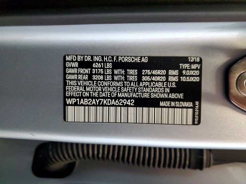 54595756 :رقم المزاد ، WP1AB2AY7KDA62942 vin ، 2019 Porsche Cayenne مزاد بيع
