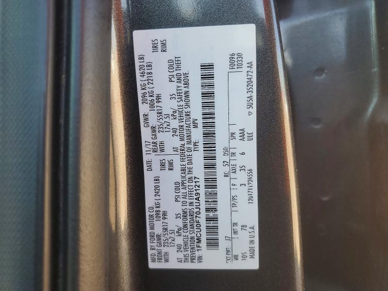 2018 Ford Escape მანქანა იყიდება აუქციონზე, vin: 1FMCU0F70JUA91217, აუქციონის ნომერი: 56682256