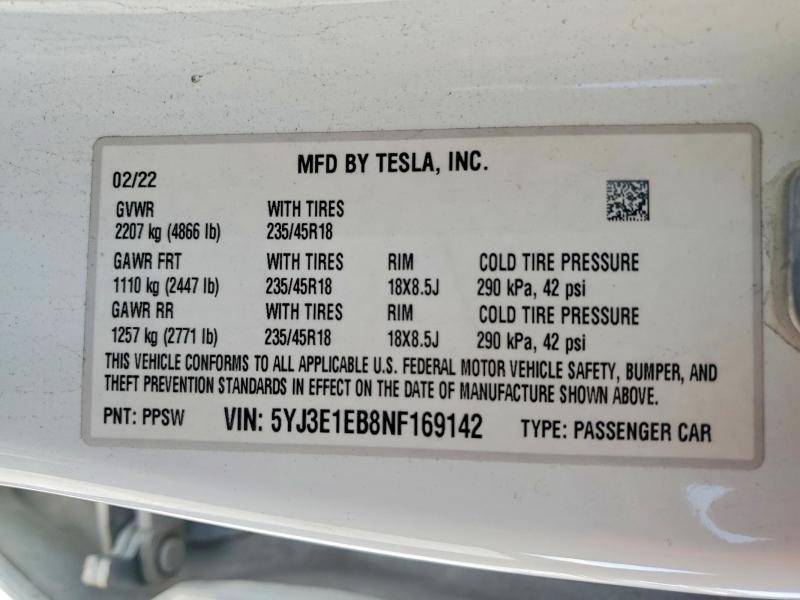 58061076 :رقم المزاد ، 5YJ3E1EB8NF169142 vin ، 2022 Tesla Model 3 مزاد بيع