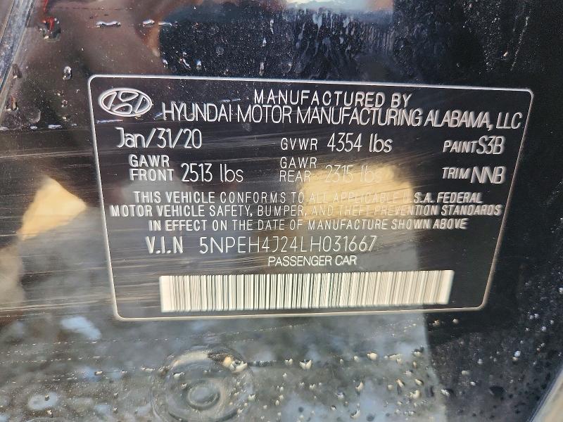 2020 Hyundai Sonata მანქანა იყიდება აუქციონზე, vin: 5NPEH4J24LH031667, აუქციონის ნომერი: 56437616