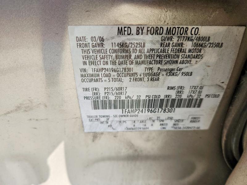 2006 Ford Five Hundred მანქანა იყიდება აუქციონზე, vin: 1FAHP24196G178301, აუქციონის ნომერი: 56308416