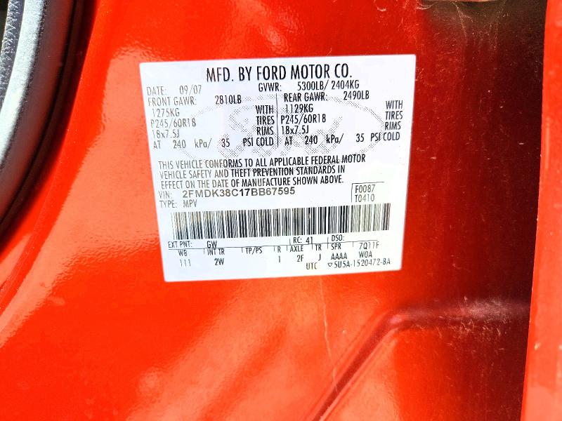 2007 Ford Edge მანქანა იყიდება აუქციონზე, vin: 2FMDK38C17BB67595, აუქციონის ნომერი: 56168286