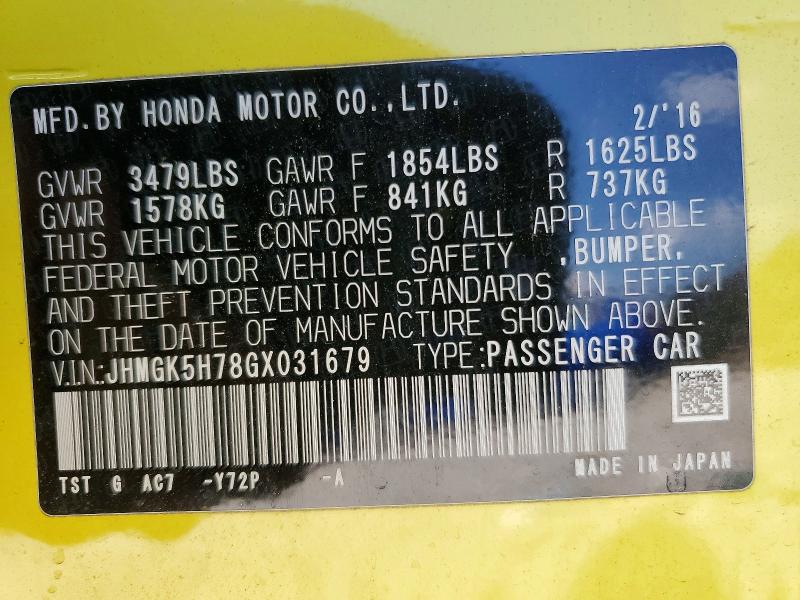 Aukcja sprzedaży 2016 Honda Fit, vin: JHMGK5H78GX031679, numer aukcji: 85621085