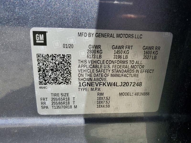 57140376 :رقم المزاد ، 1GNEVFKW4LJ207248 vin ، 2020 Chevrolet Traverse مزاد بيع