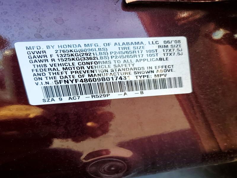 Aukcja sprzedaży 2009 Honda Pilot, vin: 5FNYF48609B017431, numer aukcji: 55991836