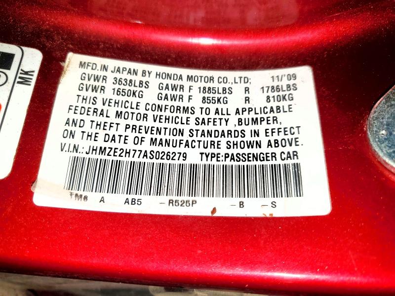 58900366 :رقم المزاد ، JHMZE2H77AS026279 vin ، 2010 Honda Insight مزاد بيع