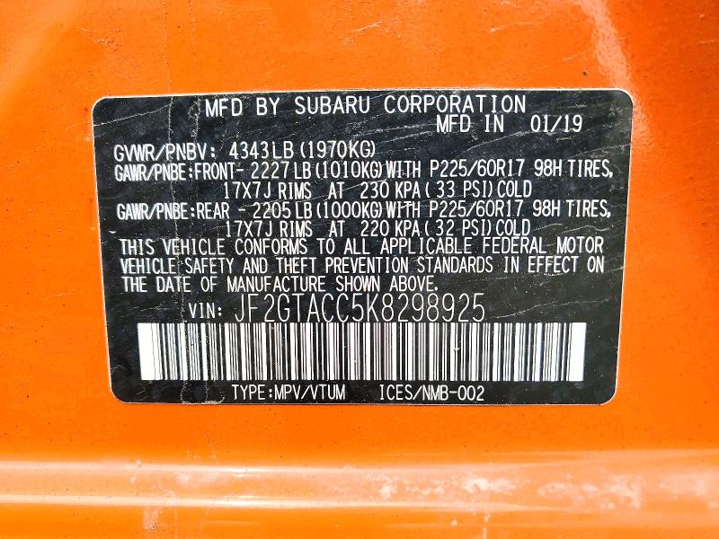 58874736 :رقم المزاد ، JF2GTACC5K8298925 vin ، 2019 Subaru Crosstrek مزاد بيع