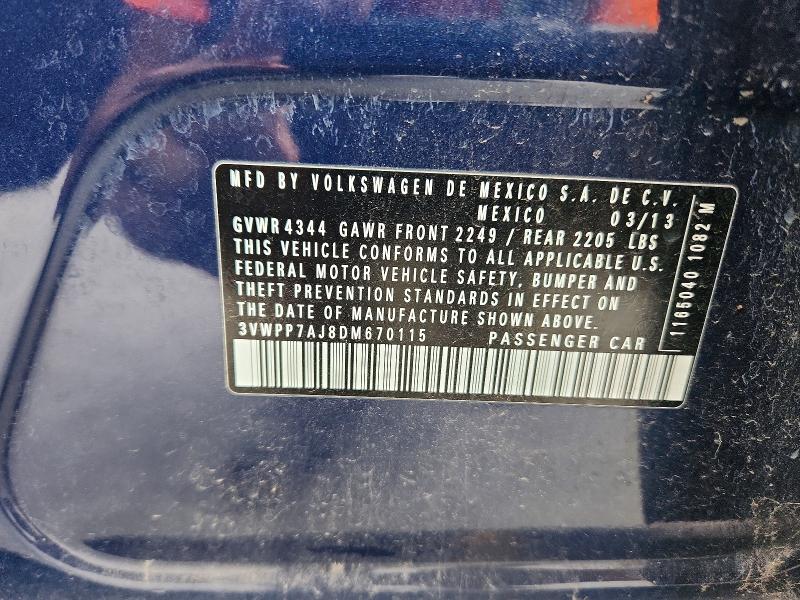 Продажа на аукционе авто 2013 Volkswagen Jetta, vin: 3VWPP7AJ8DM670115, номер лота: 58254766