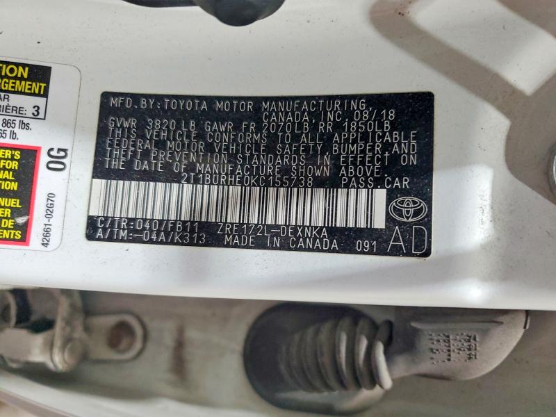 57477666 :رقم المزاد ، 2T1BURHE0KC155738 vin ، 2019 Toyota Corolla مزاد بيع