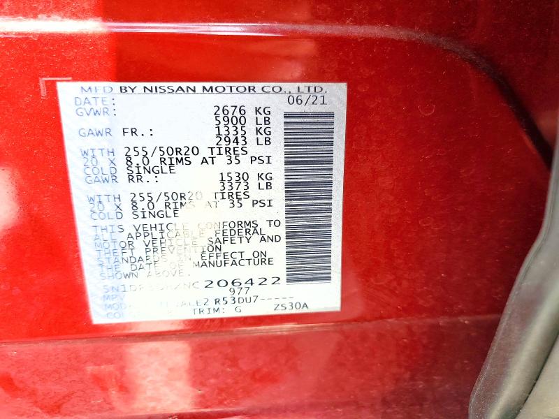 2022 Nissan Pathfinder მანქანა იყიდება აუქციონზე, vin: 5N1DR3DHXNC206422, აუქციონის ნომერი: 57143506