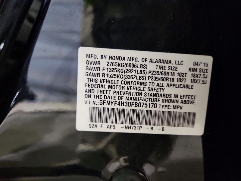 2015 Honda Pilot მანქანა იყიდება აუქციონზე, vin: 5FNYF4H30FB075170, აუქციონის ნომერი: 55894246