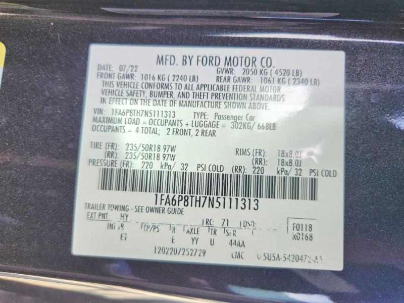 2022 Ford Mustang მანქანა იყიდება აუქციონზე, vin: 1FA6P8TH7N5111313, აუქციონის ნომერი: 58973176