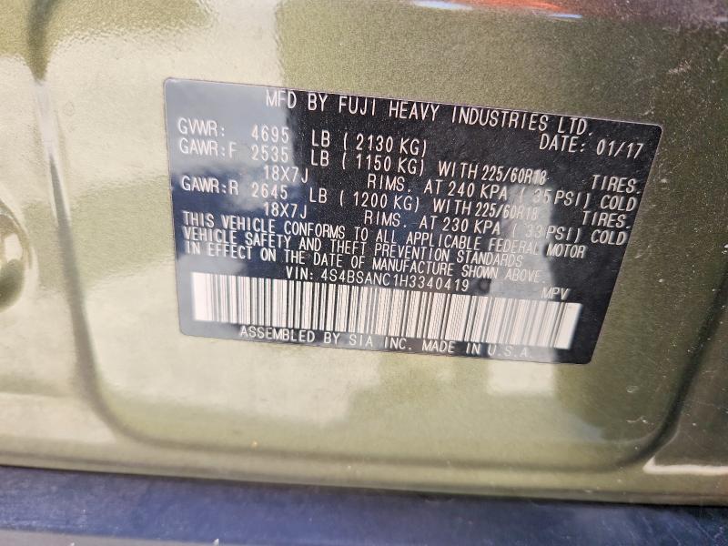 2017 Subaru Outback მანქანა იყიდება აუქციონზე, vin: 4S4BSANC1H3340419, აუქციონის ნომერი: 57167336