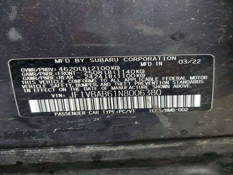 58468286 :رقم المزاد ، JF1VBAB61N8006380 vin ، 2022 Subaru Wrx مزاد بيع