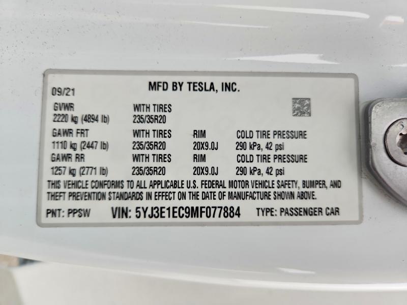 56862476 :رقم المزاد ، 5YJ3E1EC9MF077884 vin ، 2021 Tesla Model 3 مزاد بيع