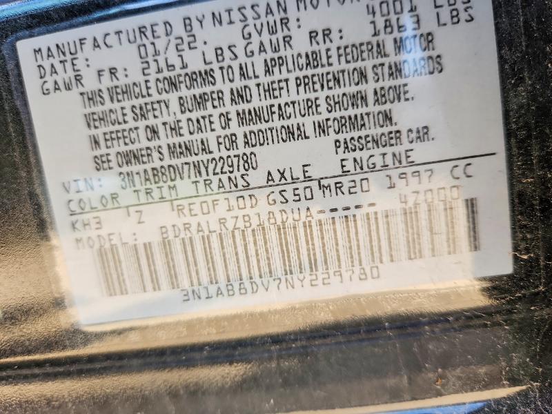 2022 Nissan Sentra მანქანა იყიდება აუქციონზე, vin: 3N1AB8DV7NY229780, აუქციონის ნომერი: 55476106