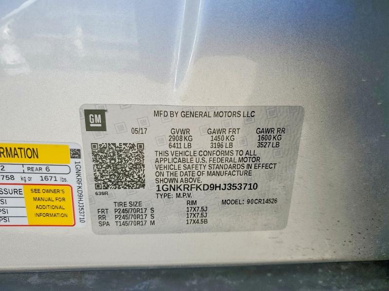 Продажа на аукционе авто 2017 Chevrolet Traverse, vin: 1GNKRFKD9HJ353710, номер лота: 56825436