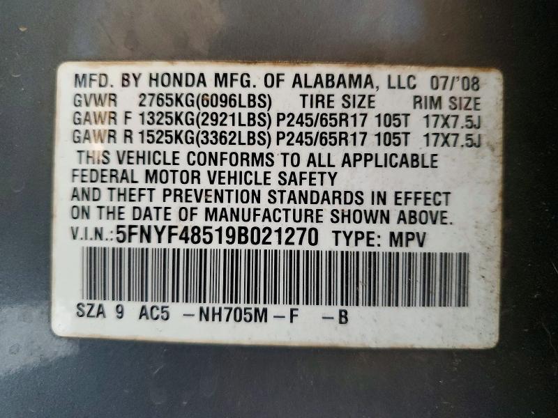 2009 Honda Pilot მანქანა იყიდება აუქციონზე, vin: 5FNYF48519B021270, აუქციონის ნომერი: 57233566