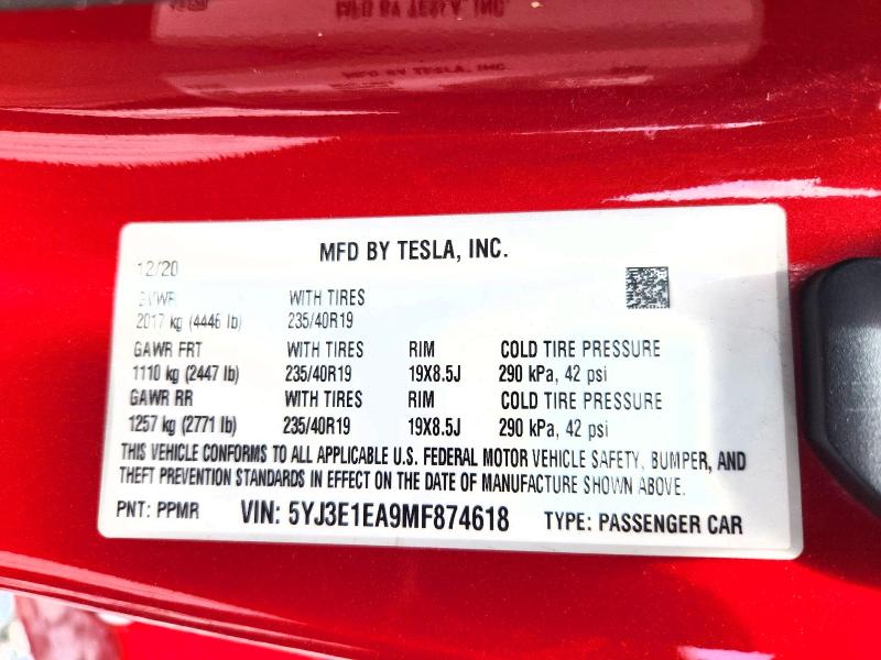 Aukcja sprzedaży 2021 Tesla Model 3, vin: 5YJ3E1EA9MF874618, numer aukcji: 55584436