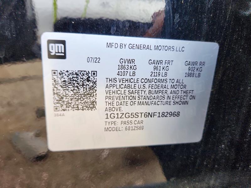 2022 Chevrolet Malibu მანქანა იყიდება აუქციონზე, vin: 1G1ZG5ST6NF182968, აუქციონის ნომერი: 58320066