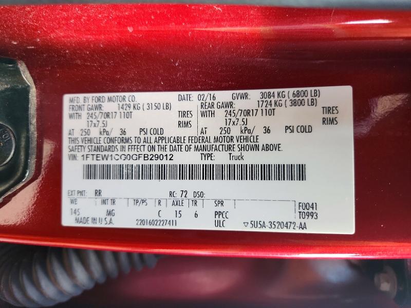57240056 :رقم المزاد ، 1FTEW1CG0GFB29012 vin ، 2016 Ford F150 مزاد بيع